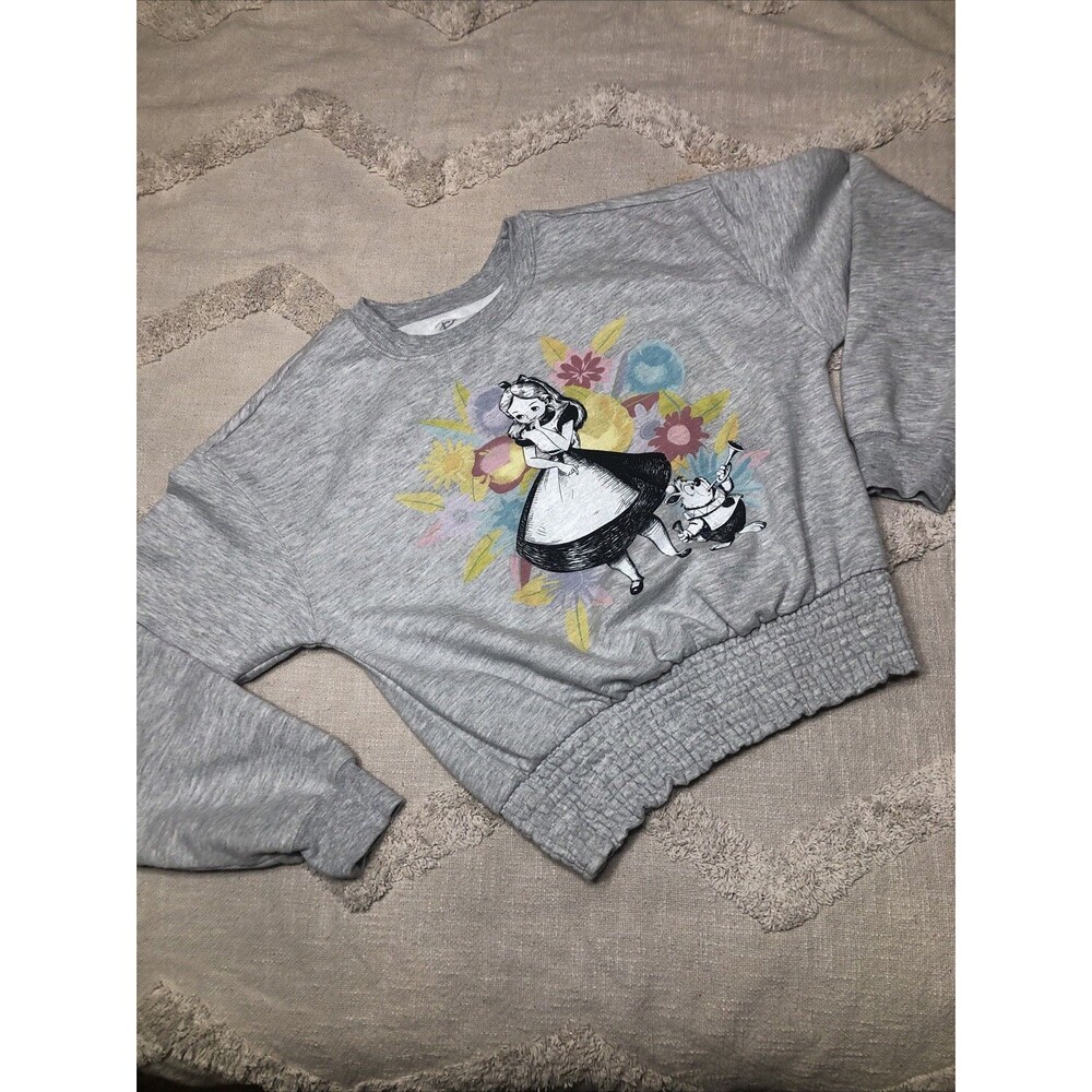 Disney Alice in Wonderland Women’s Med. Y2K Sweatshirt Heather Gray Pintuck Hem